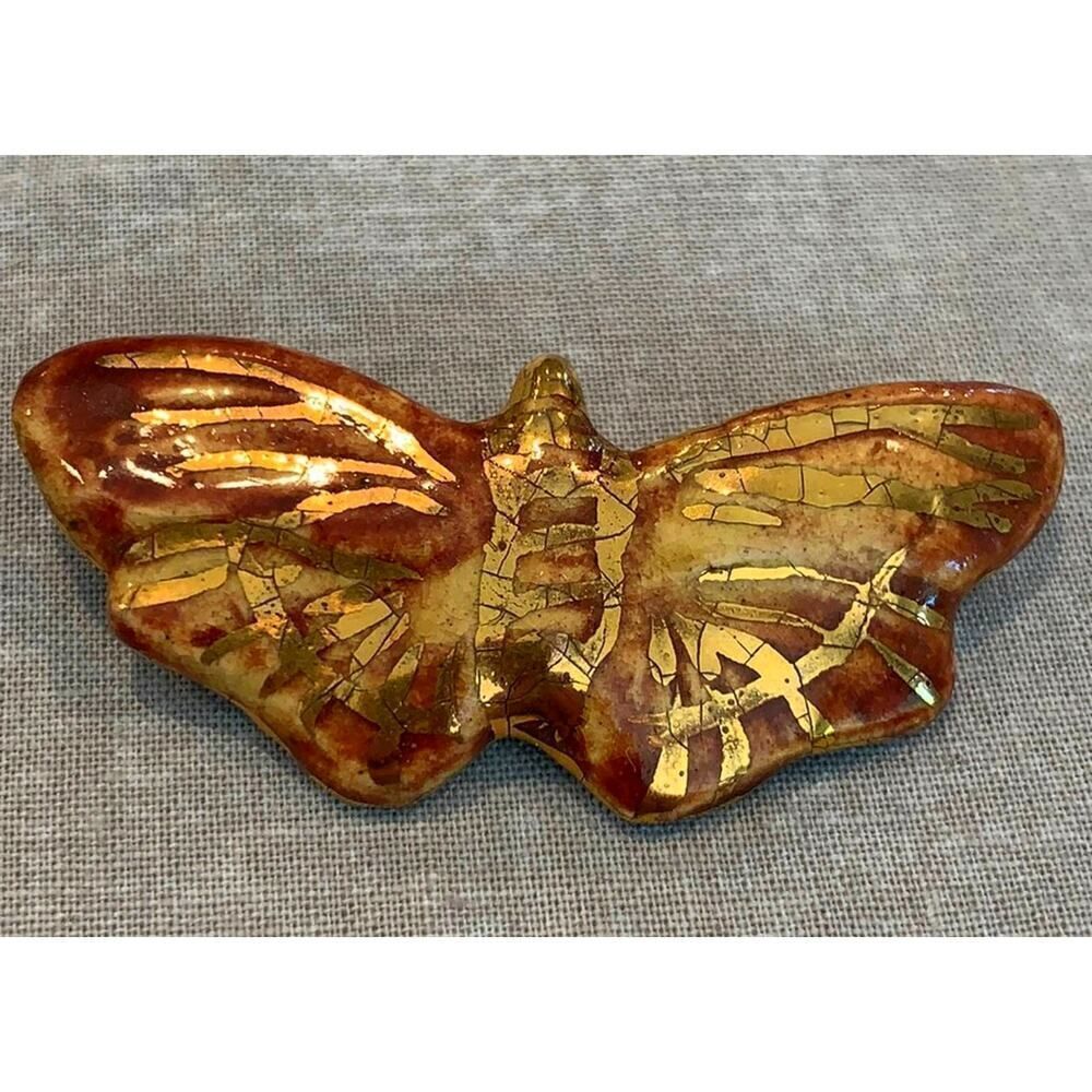 Gorgeous Ceramic Butterfly/Moth Vintage pin in Gold/red/yellow hues